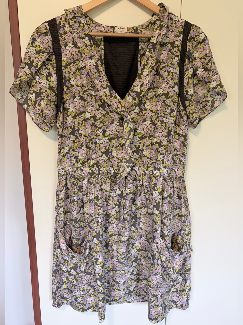 Silk Aritzia Wilfred Floral Print Lavender and Green Short Sleeve Dress